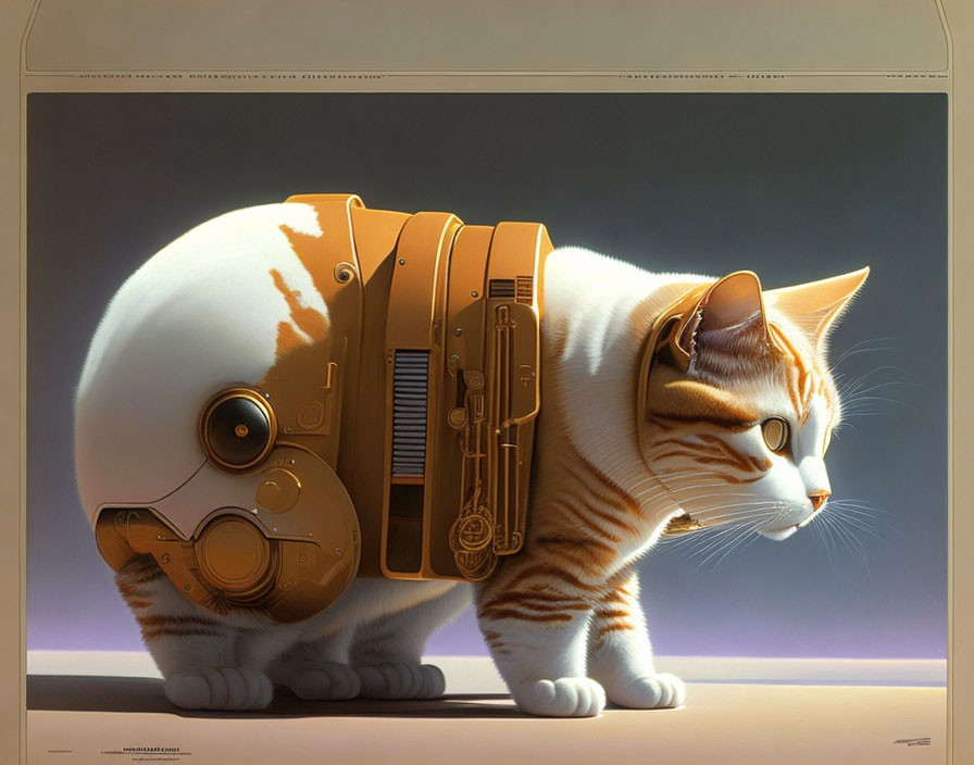 Futuristic orange and white cat in mechanical harness on light background