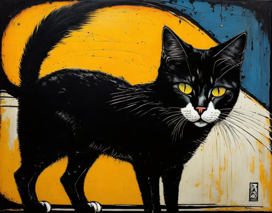 Vivid Black and White Cat Painting with Yellow Eyes on Yellow and Blue Background