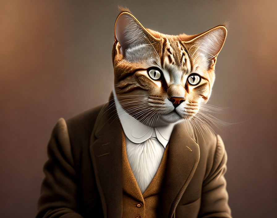 Whimsical digital artwork: Cat head on human body in brown suit