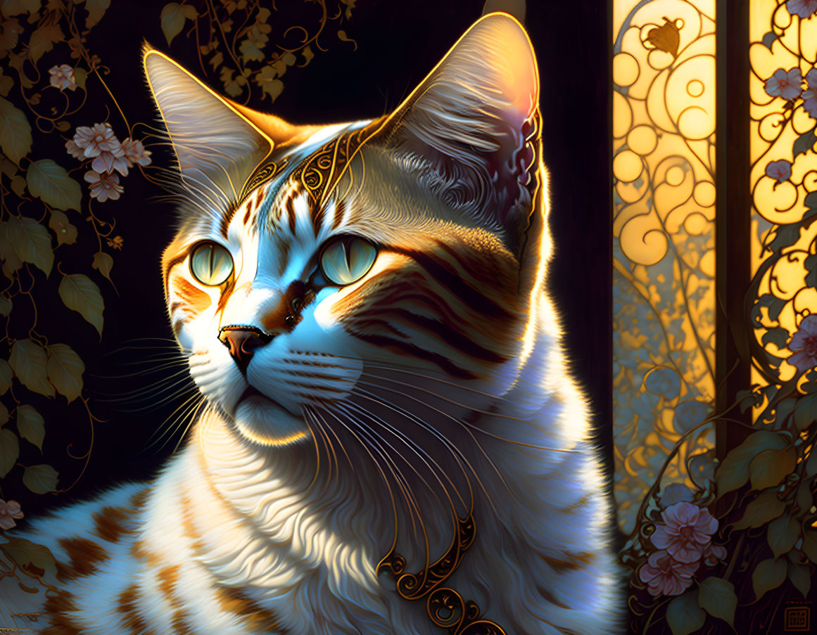 Ornately patterned cat illuminated by warm light next to stained glass window