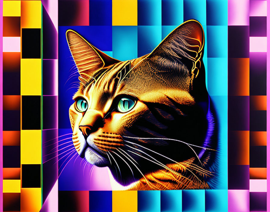 Colorful digital cat portrait with green eyes on geometric backdrop.