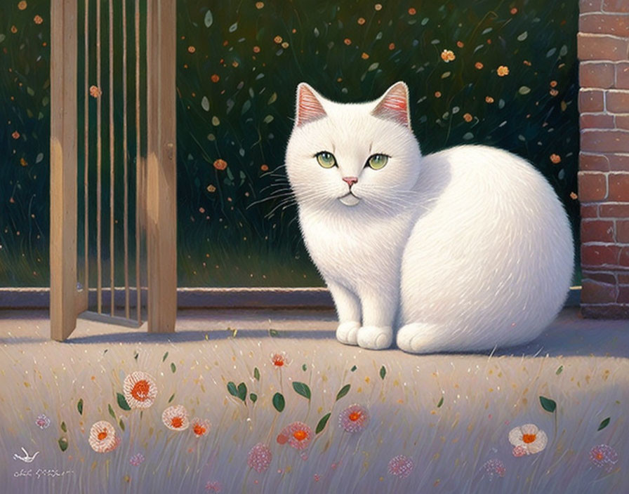 White Cat with Green Eyes by Wooden Gate and Flowers