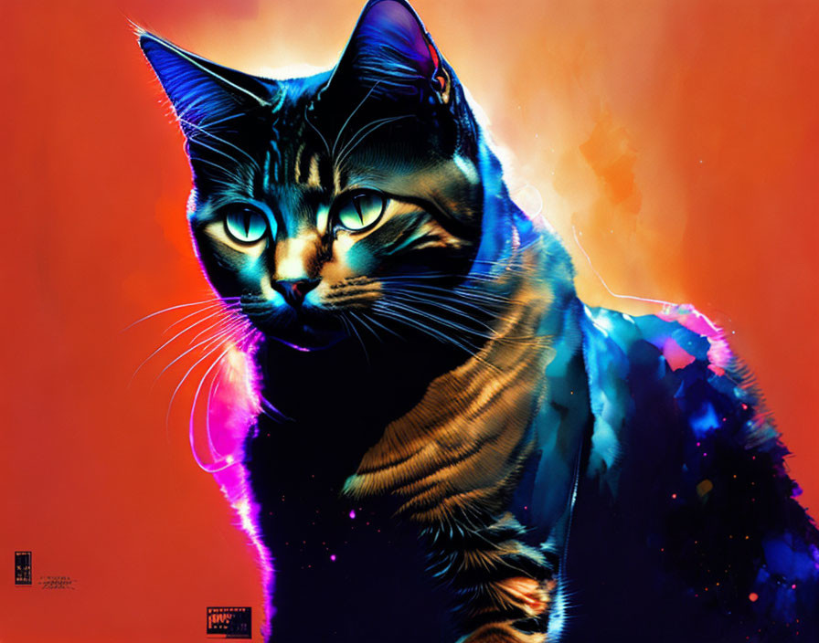 Vibrant digital artwork: Cat with cosmic pattern on fiery orange background