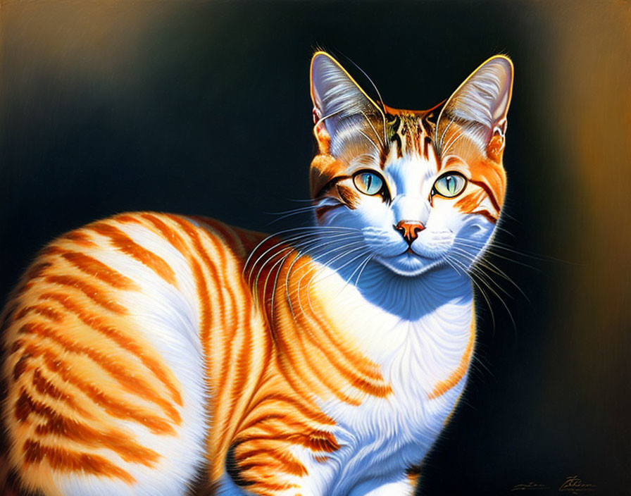 Orange and White Striped Cat Illustration with Green Eyes and Golden Halo