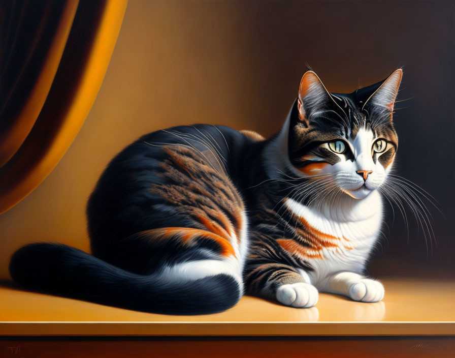 Realistic Calico Cat Painting with Striking Markings and Graceful Pose