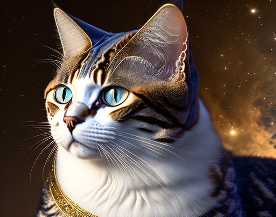 Digitally Enhanced Image of Cat with Blue Eyes, Gold Necklace, and Blue Hat on Starry Night