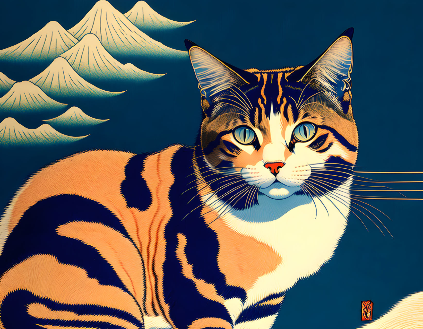 Tabby cat with blue eyes and snowy mountains in orange sky