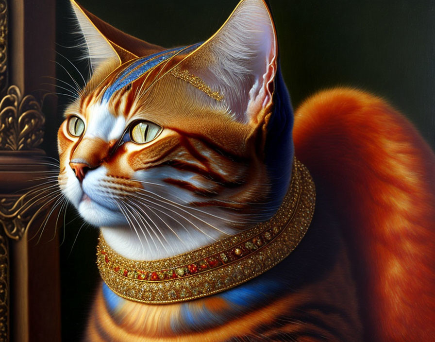 Realistic painting of orange and white cat in jeweled headdress and collar