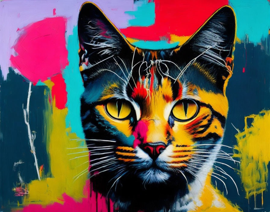 Colorful Cat Painting with Intense Yellow Eyes and Bold Strokes