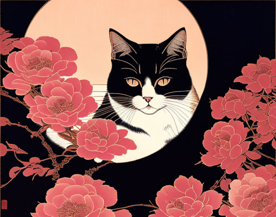 Stylized black and white cat face with full moon and pink blossoms