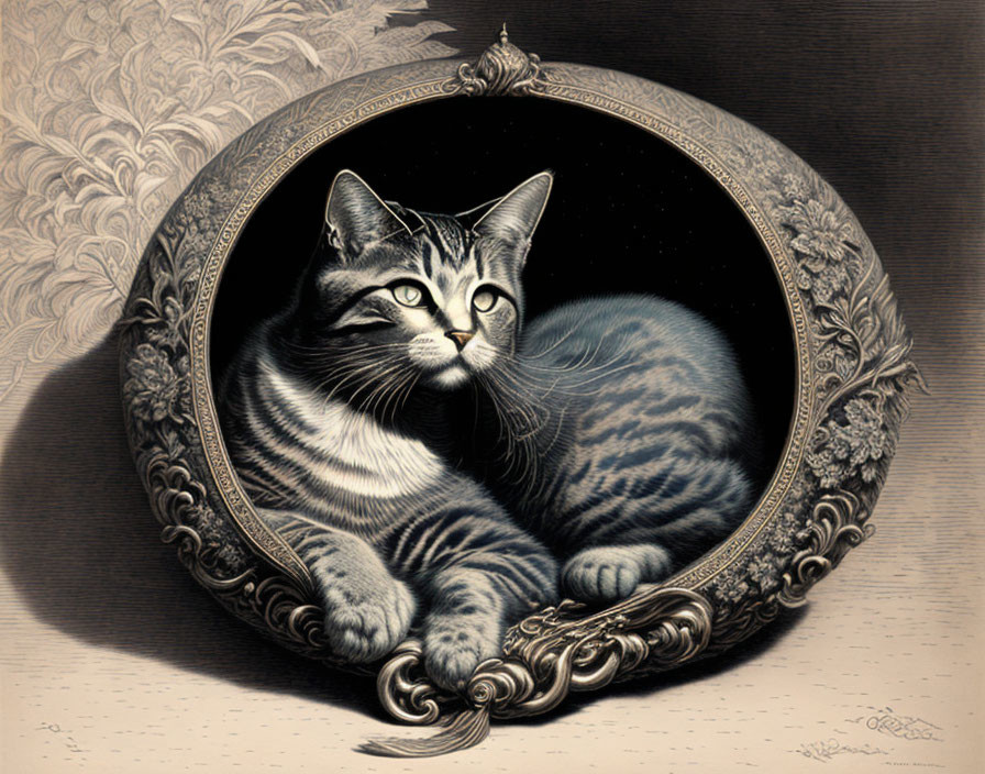 Grayscale Tabby Cat Illustration in Ornate Circular Frame