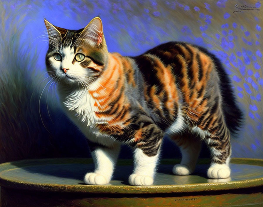 Striped domestic cat on wooden surface with blue background