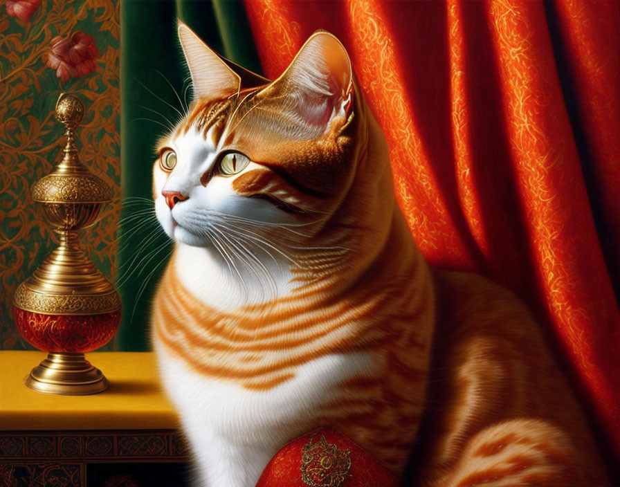 Orange Tabby Cat with Stripes Beside Gold Stand and Red Curtain