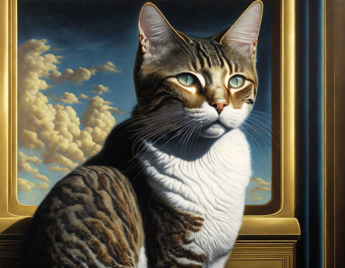 Hyper-realistic Tabby Cat Painting with Blue Eyes and Cloudy Sky Backdrop