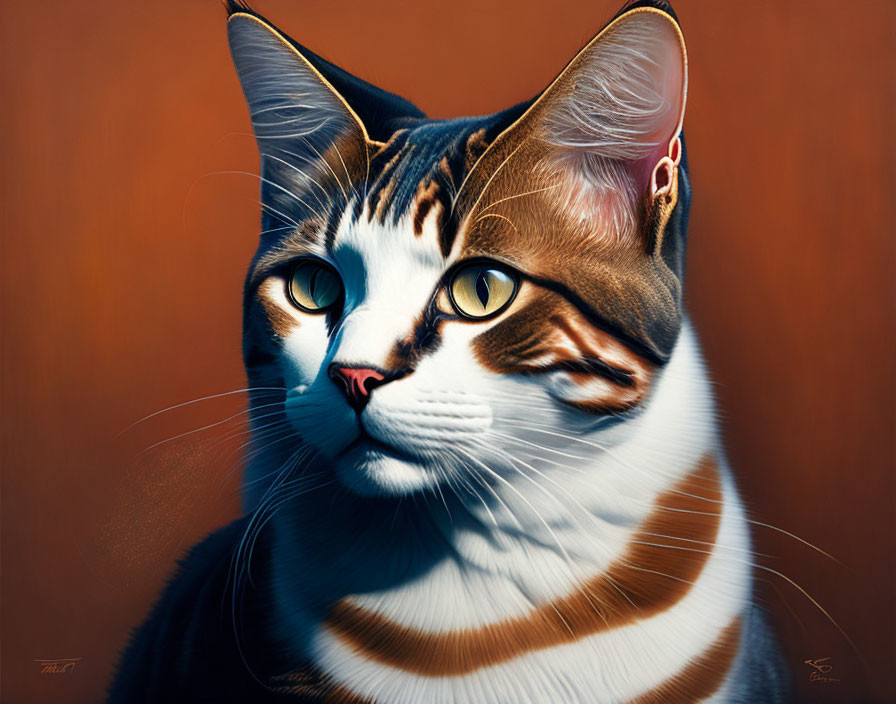 Detailed bicolor cat digital artwork with green eyes and brown and white fur