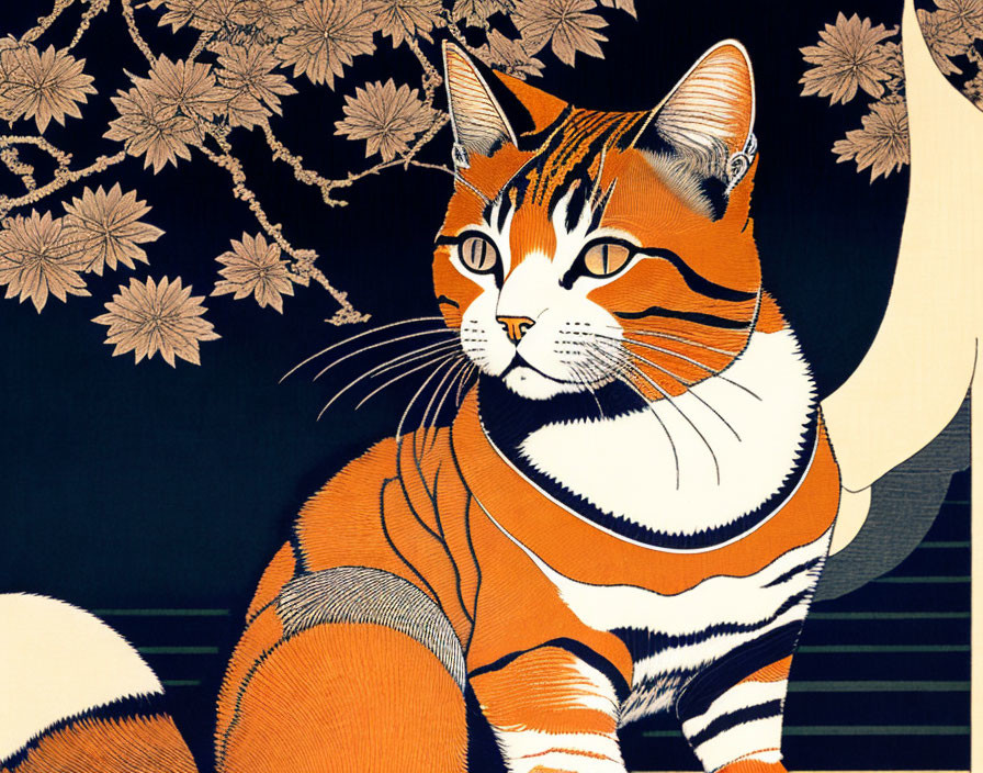 Illustrated orange tabby cat with bold stripes on dark background with cherry blossoms and crescent moon