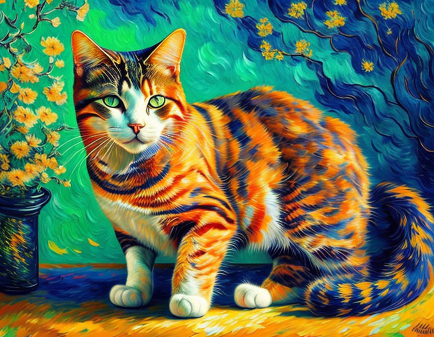 Colorful Tabby Cat Painting Against Starry Night Sky and Yellow Flowers