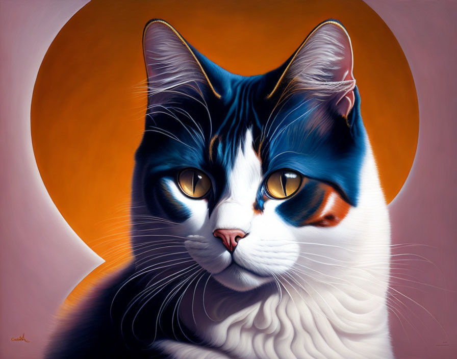 Hyper-realistic painting: Cat with black and white face, amber eyes, orange backdrop