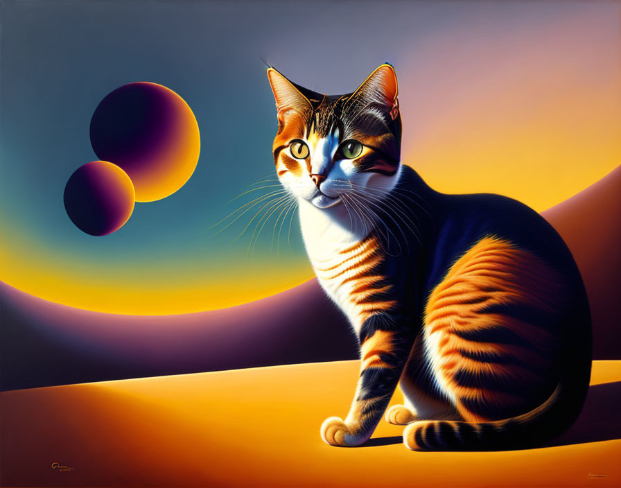 Colorful Cat Illustration with Surreal Background and Floating Orbs