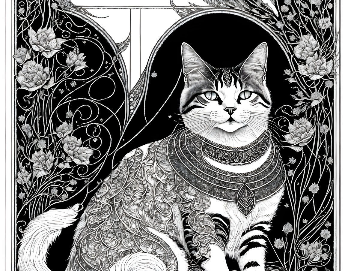 Detailed Monochrome Illustration of Adorned Cat with Intricate Patterns and Decorative Motifs