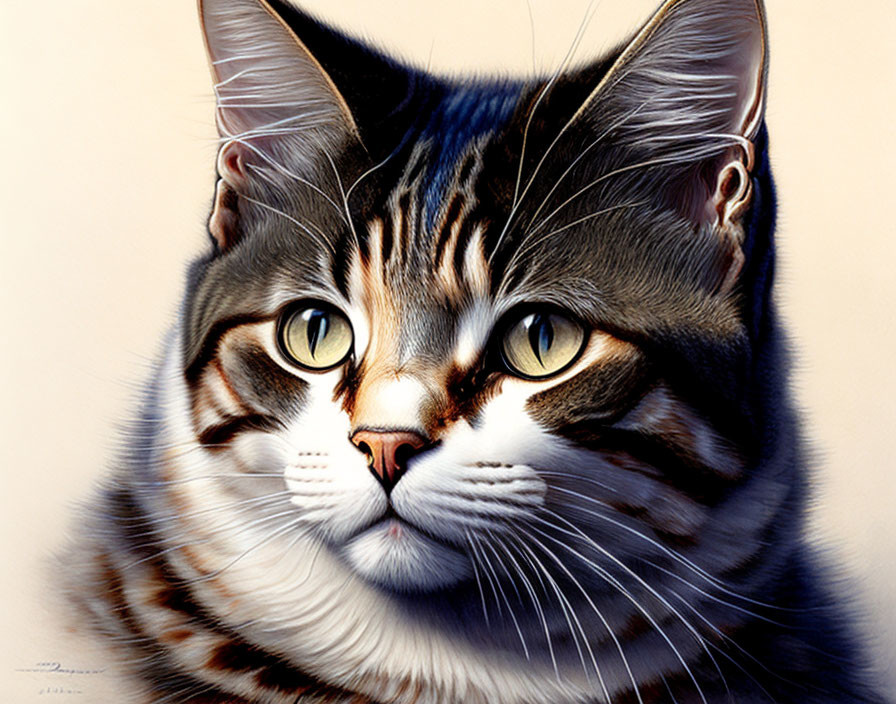 Realistic Tabby Cat Portrait with Striking Yellow Eyes