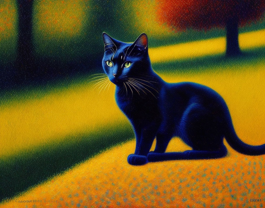 Sleek Black Cat with Striking Yellow Eyes on Textured Surface