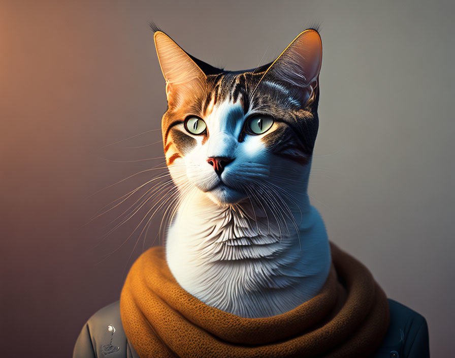 Digital artwork: Cat with human-like features in scarf and jacket