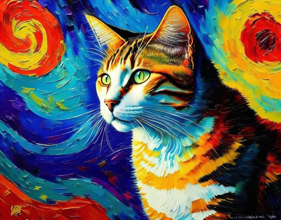 Colorful Cat Painting with Van Gogh-Inspired Brushstrokes