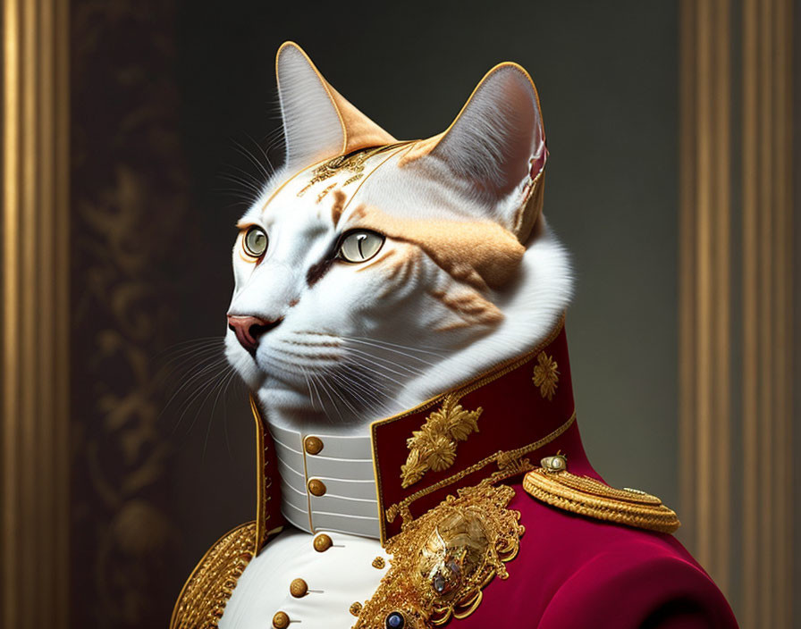 Regal feline in royal military attire on classic backdrop