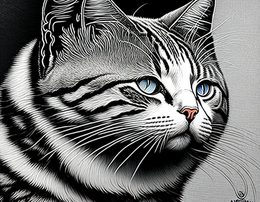 Detailed digital artwork of a cat with striking blue eyes and intricate fur patterns in subtle gray tones.