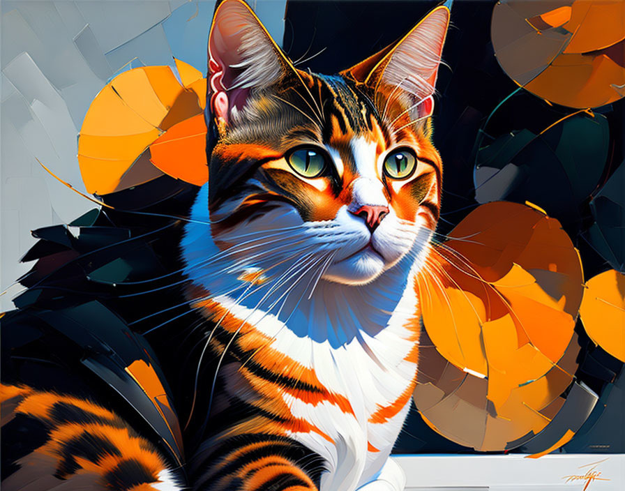 Vibrant digital artwork: Cat with green eyes, orange, black, and white fur, set