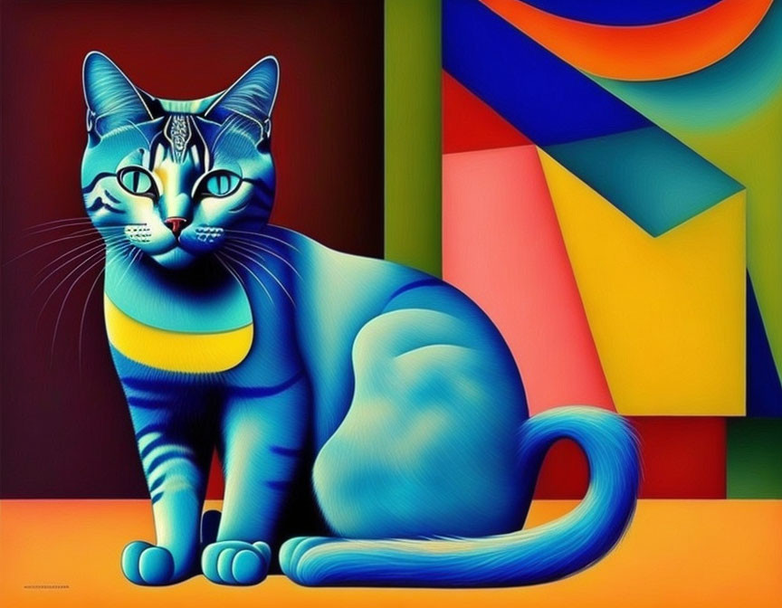 Colorful Digital Artwork of Blue and Yellow Cat with Geometric Background