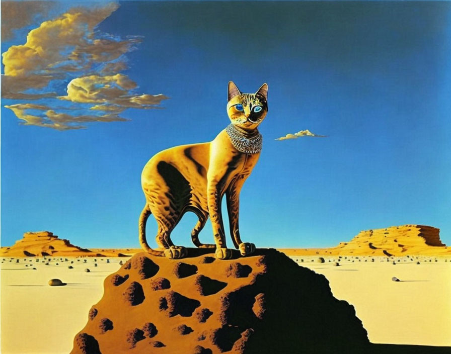 Blue-eyed cat with necklace on rock in desert with blue skies