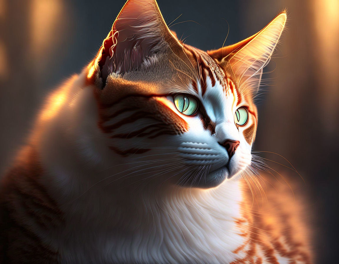 Orange Tabby Cat with Green Eyes in Warm Sunlight and Detailed Fur Textures