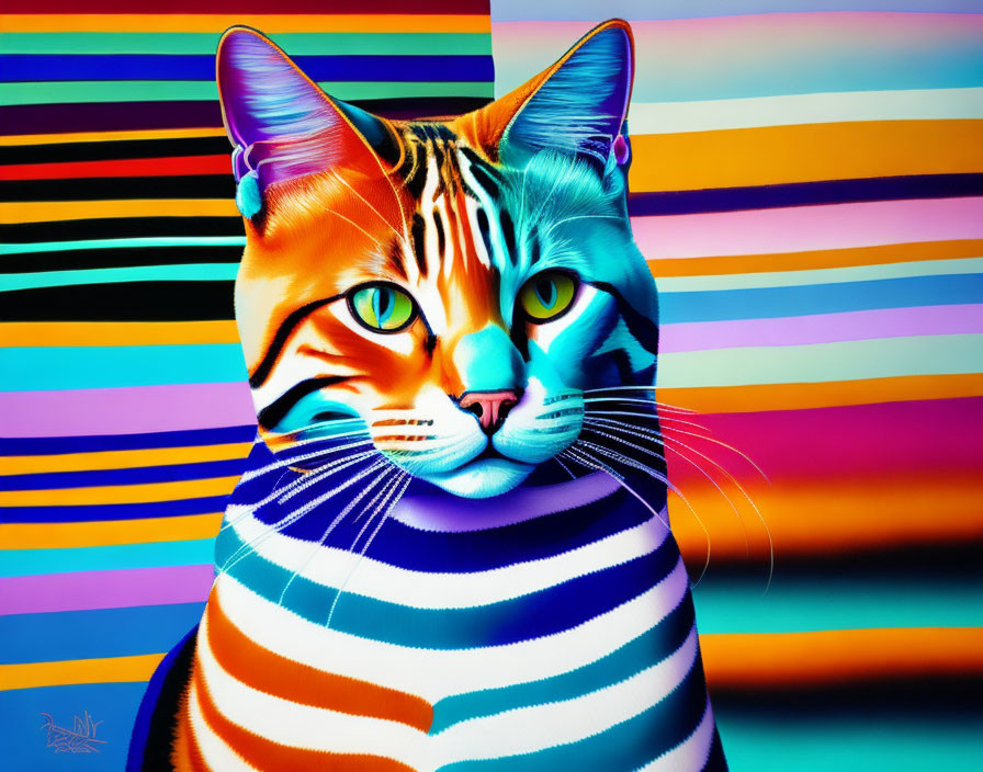 Colorful Digital Artwork: Cat with Blue Eyes on Striped Background