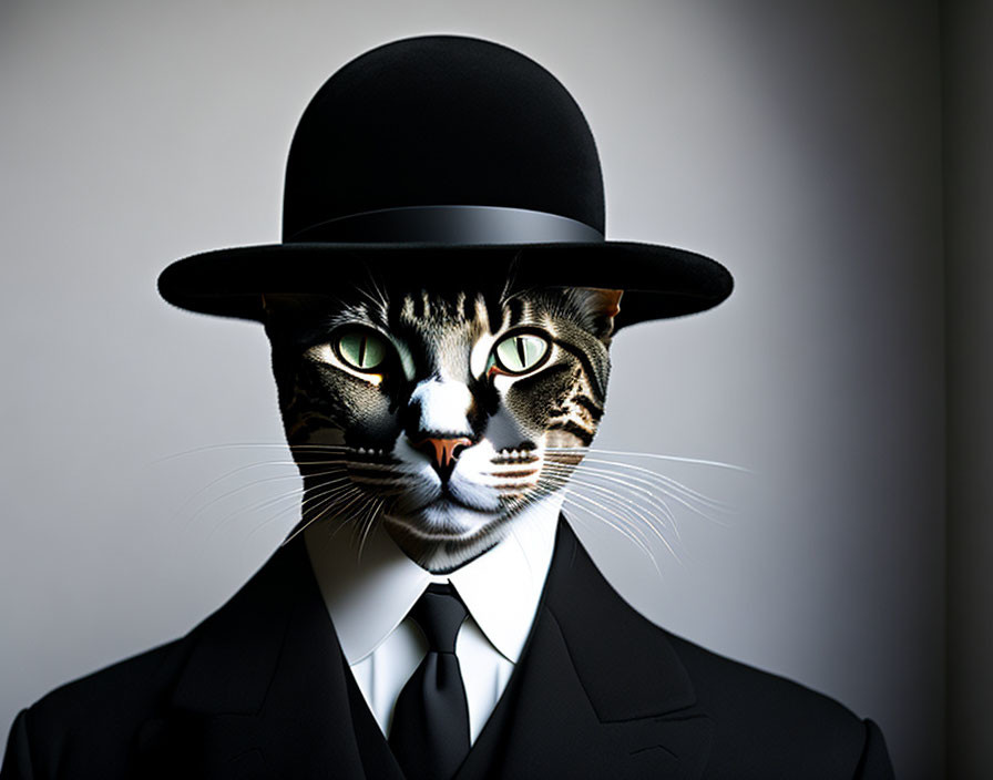 Green-eyed cat on human body in suit and hat against grey backdrop