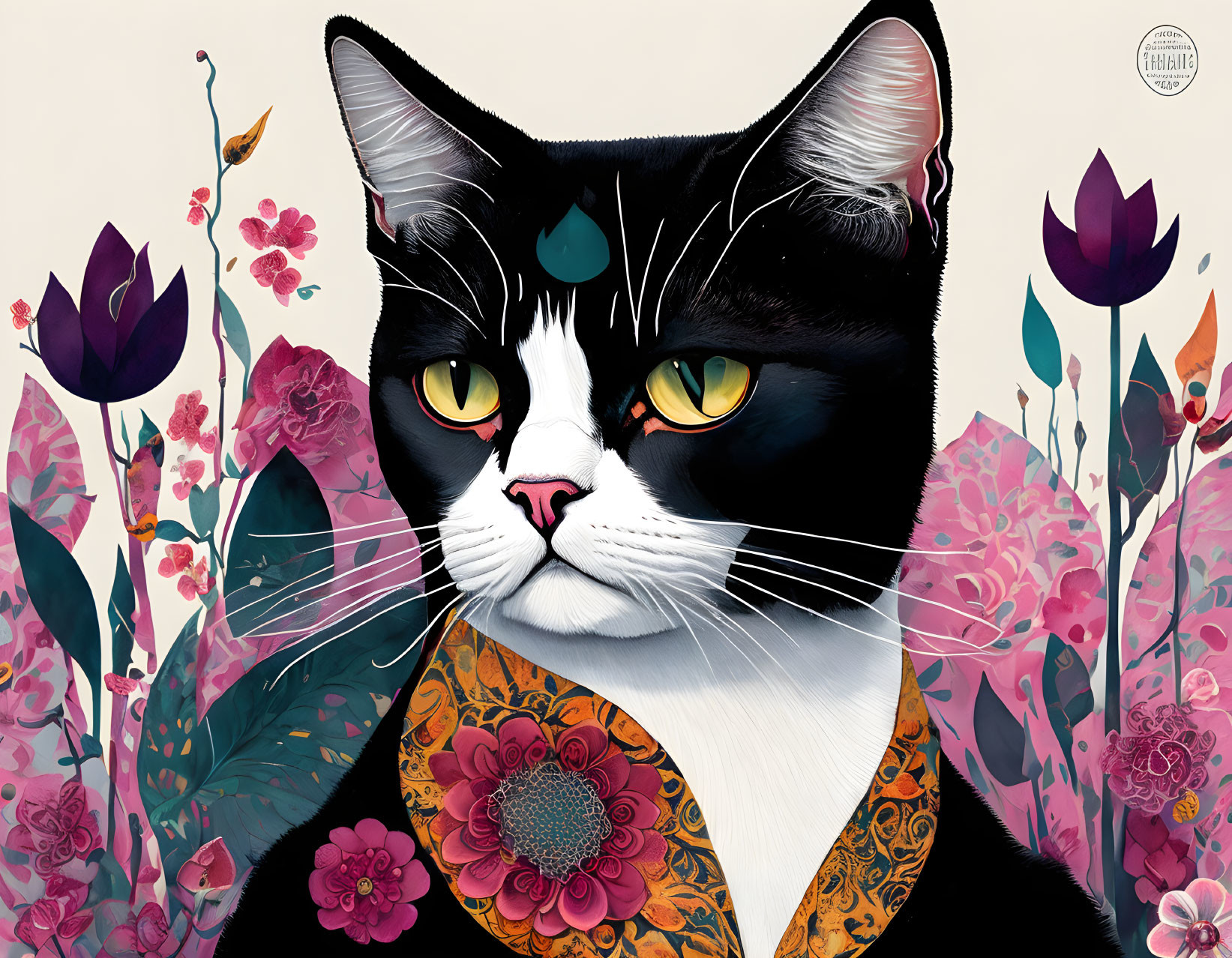 Stylized black and white cat with yellow eyes and floral attire on cream background