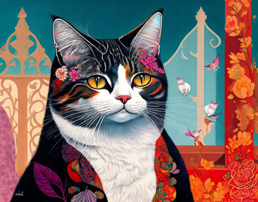 Vibrant cat art with floral patterns on turquoise background