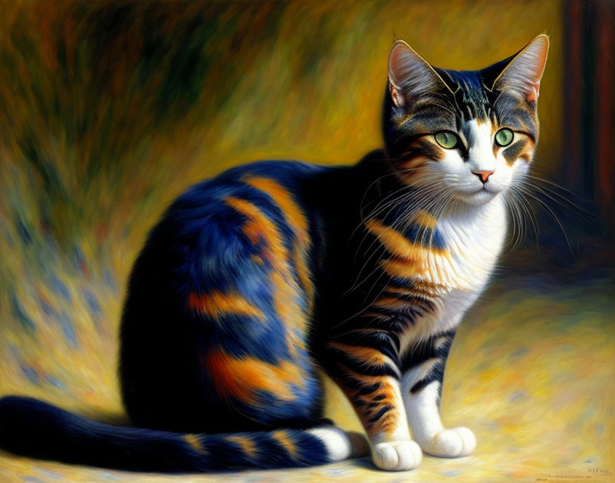 Realistic cat painting with vivid orange, black, and white markings