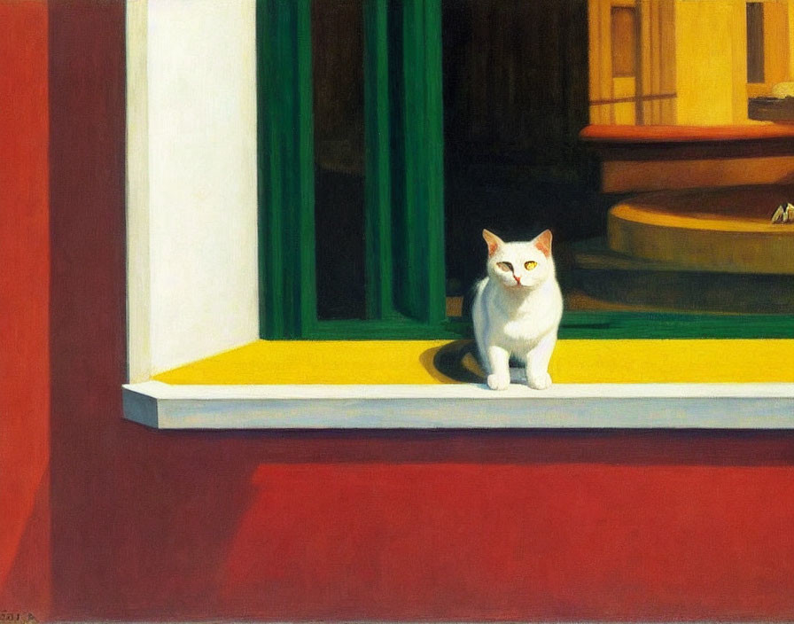 White Cat with Grey Markings Sitting on Yellow Windowsill Against Red Wall