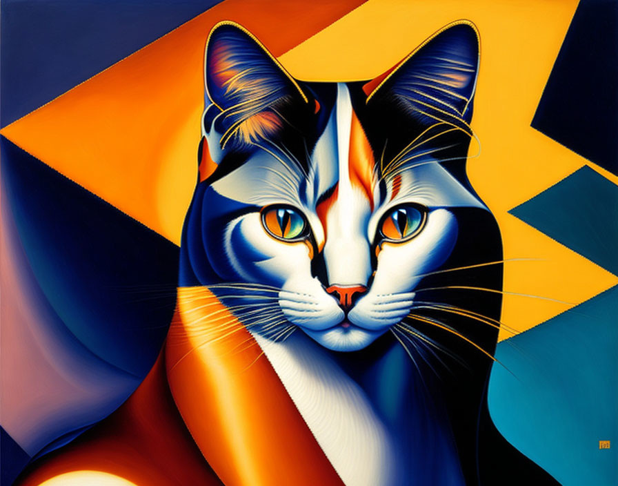 Vibrant cat painting with geometric shapes in orange, blue, and black