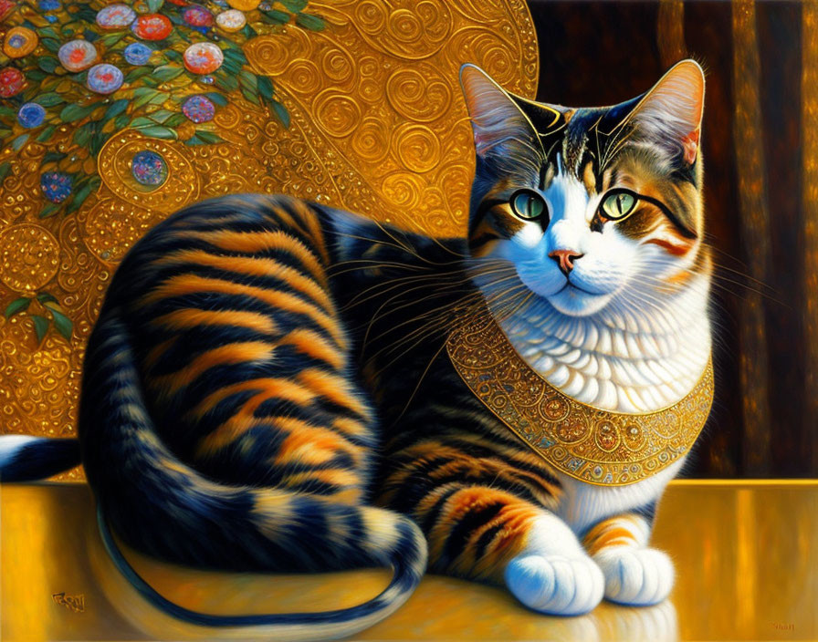 Cat with intricate fur patterns against ornate floral background