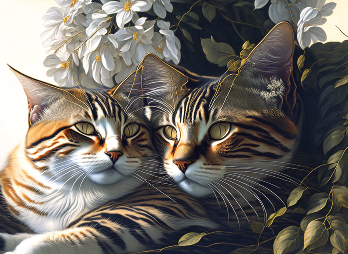 Realistic domestic cats snuggle near blooming white flowers with detailed fur patterns.