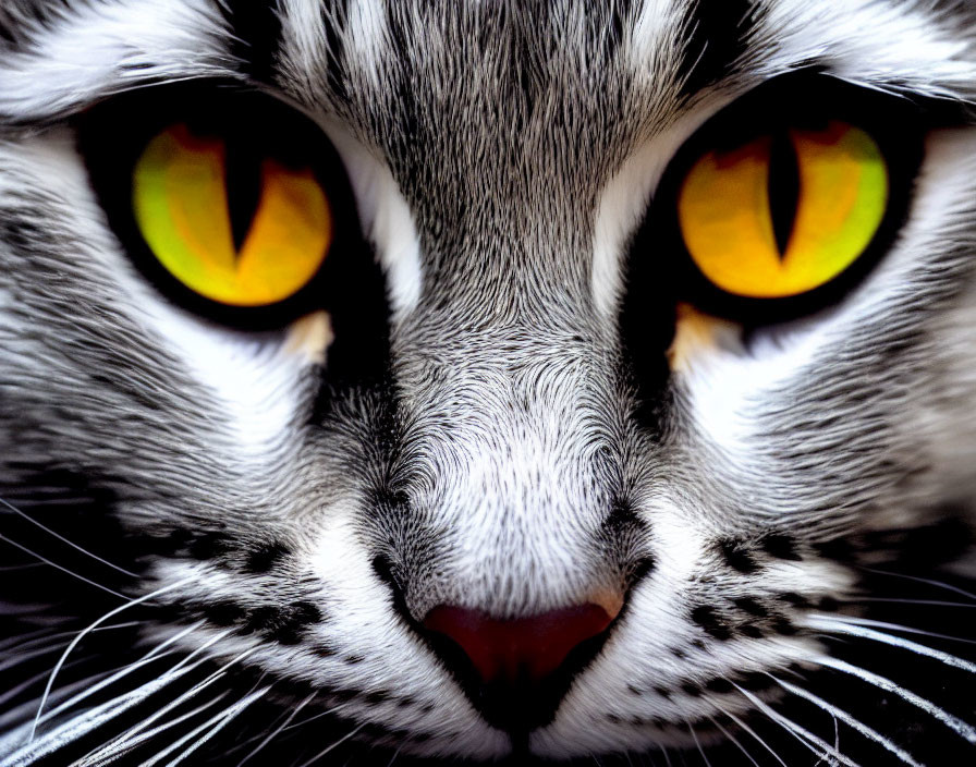 Detailed Close-Up of Cat's Face with Green-Yellow Eyes