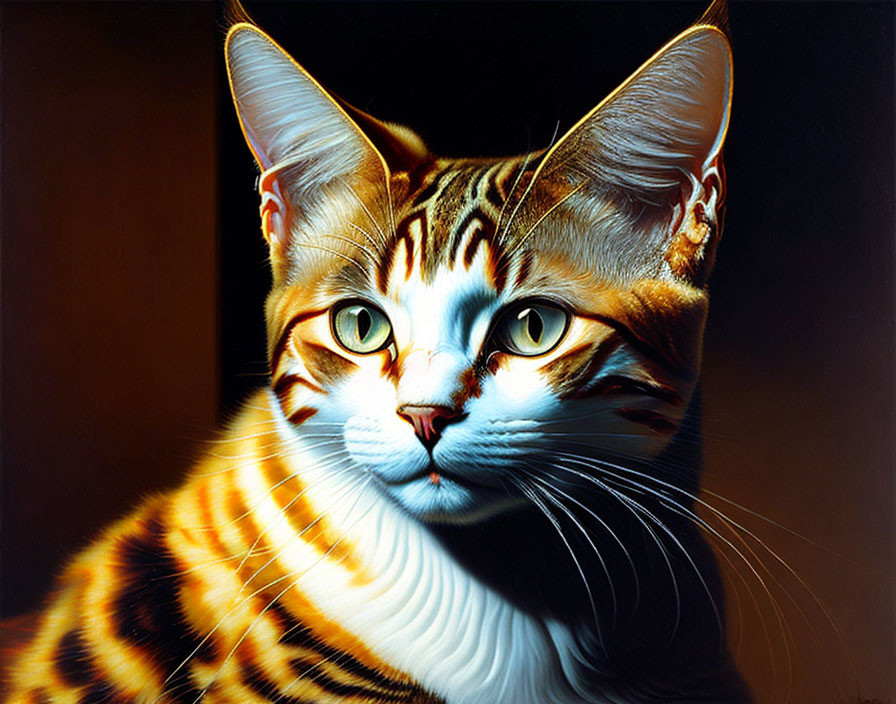 Detailed portrait of domestic cat with bold stripes and green eyes on dark background