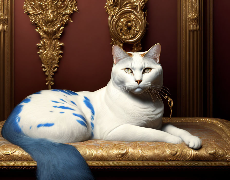 White Cat with Blue Stripes on Gold Cushion Against Red Ornate Backdrop