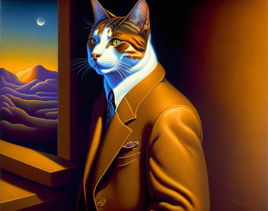 Surreal cat illustration in suit by window at twilight