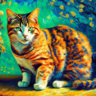 Colorful Tabby Cat Painting Against Starry Night Sky and Yellow Flowers