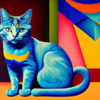 Colorful Digital Artwork of Blue and Yellow Cat with Geometric Background