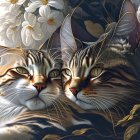 Realistic domestic cats snuggle near blooming white flowers with detailed fur patterns.